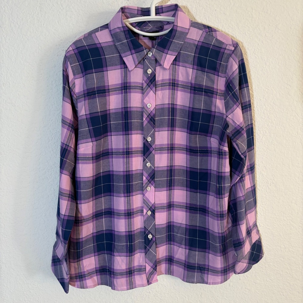 Talbots Plaid Button Down Shirt Womens Large Petite Purple Gold Metallic